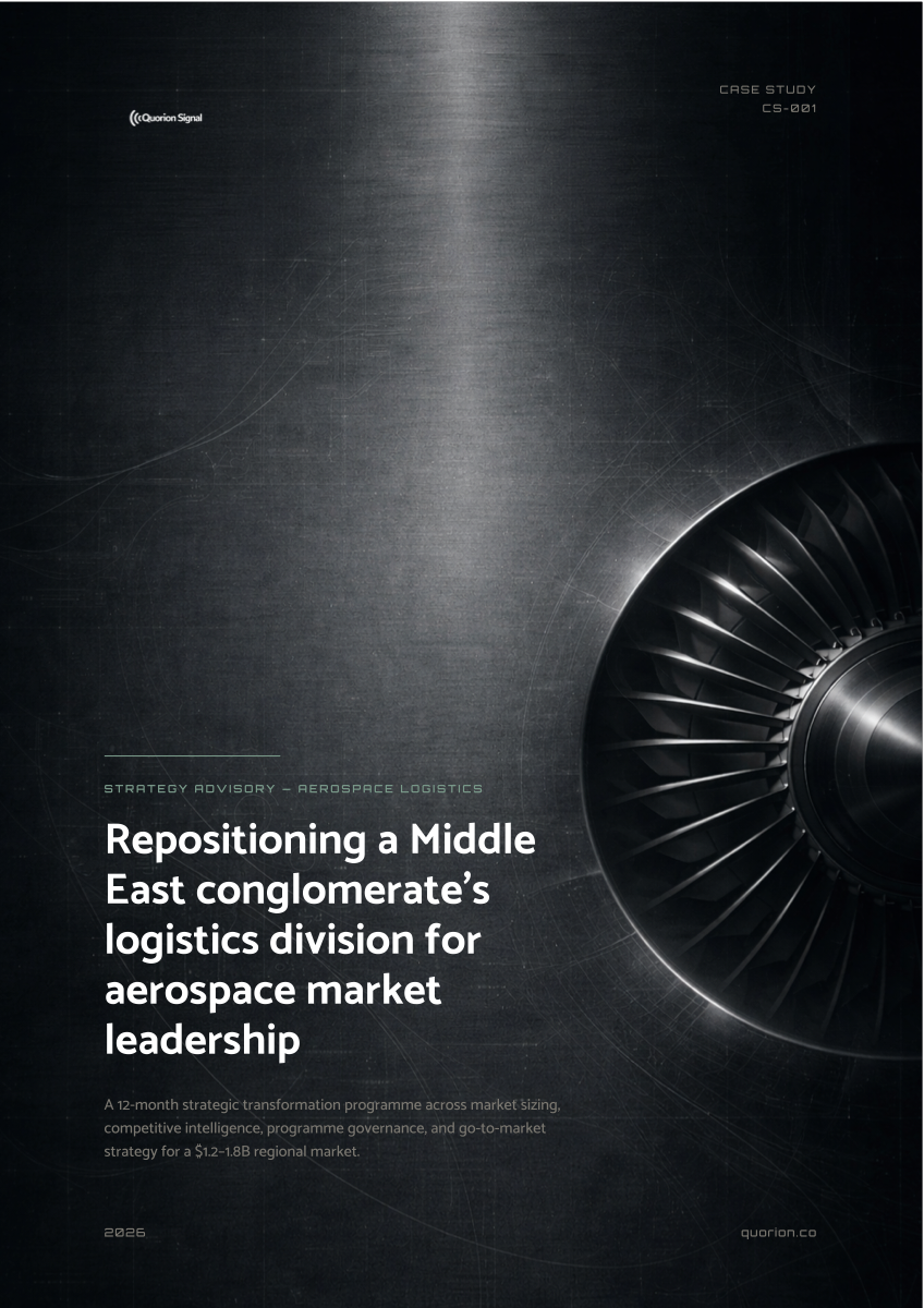 Quorion Advisory — CS-001 case study cover, 'Repositioning a Middle East conglomerate's logistics division for aerospace market leadership'